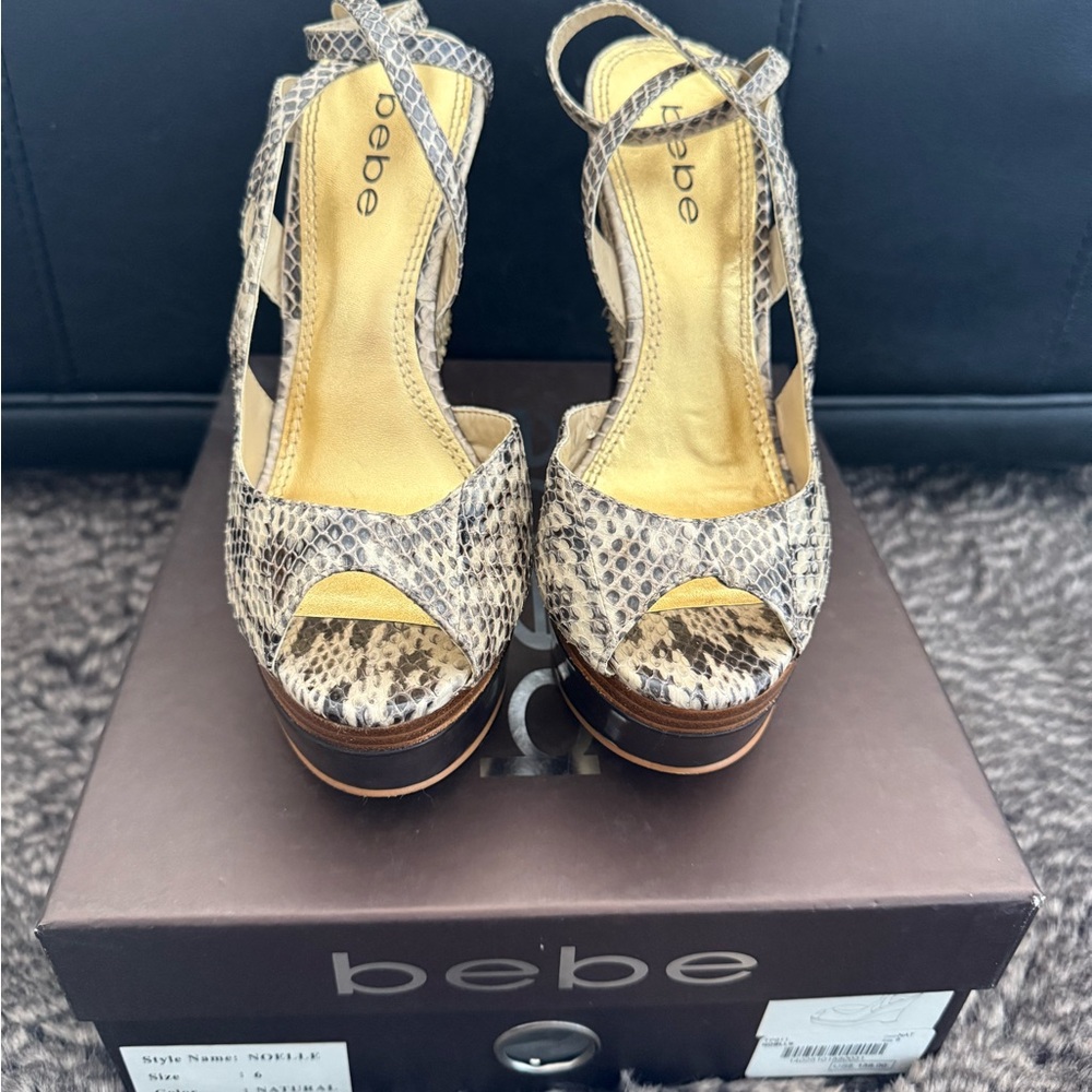 Bebe Beige and Black Platform Sandals